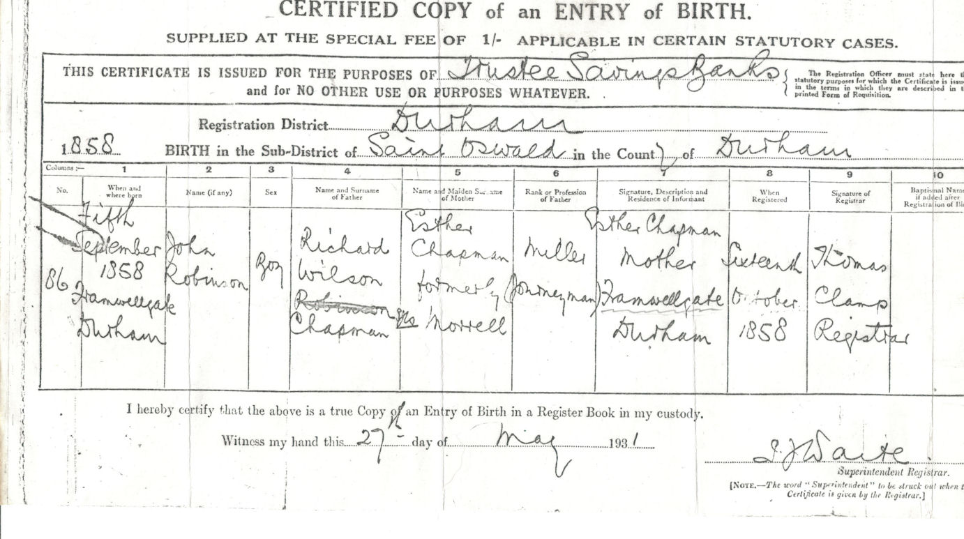 JR Chapman birth certificate
